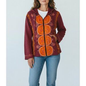 Embroidered Bohemian Style L Maroon & Orange Long Sleeve Hoodie Jacket With Zipp